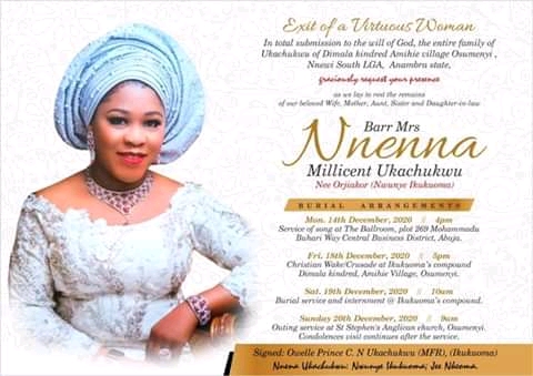Burial date for Barr (Mrs) Nnenna Ukachukwu