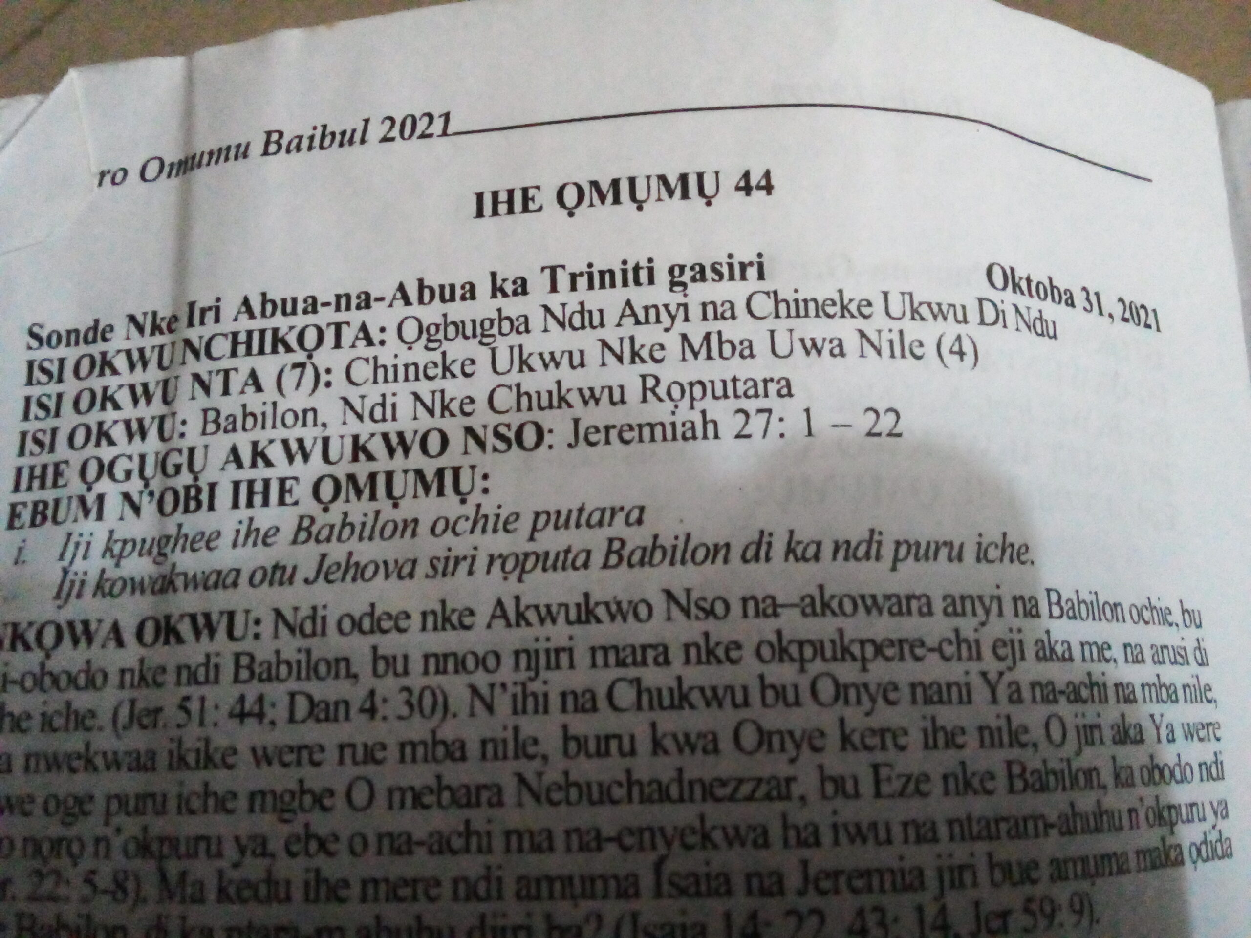 STUDY 44 22nd Sunday in Trinity October 31, 2021 (IGBO)