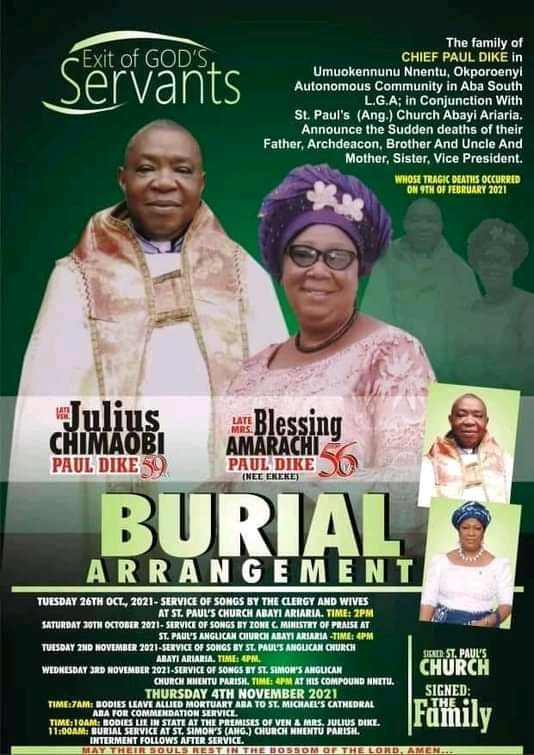 Burial Date for Ven Julius Dike and His Wife Mrs Blessing who was Poisoned along with their Housemaid