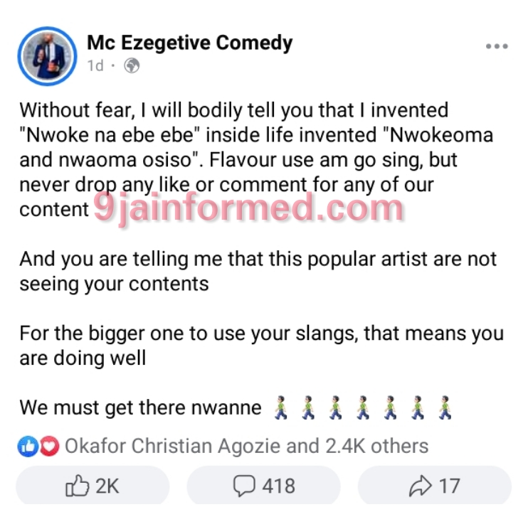 MC Ezegetive Shades Flavour over Slang "Nwoke na ebe ebe" in 'Levels