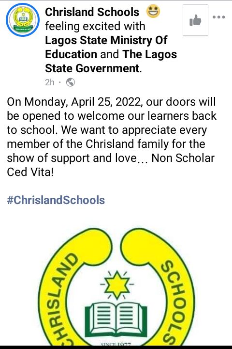 Chrisland Schools Announces 25th April as the Resumption Date