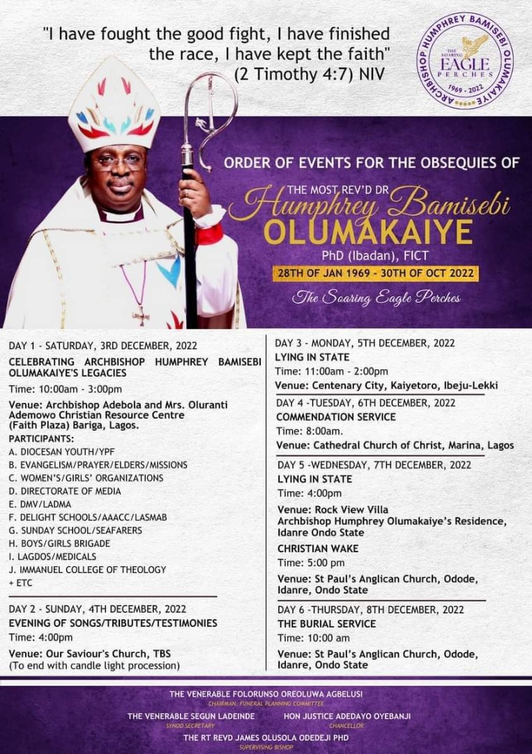 Burial Date for Archbishop Humphrey Olumakaiye